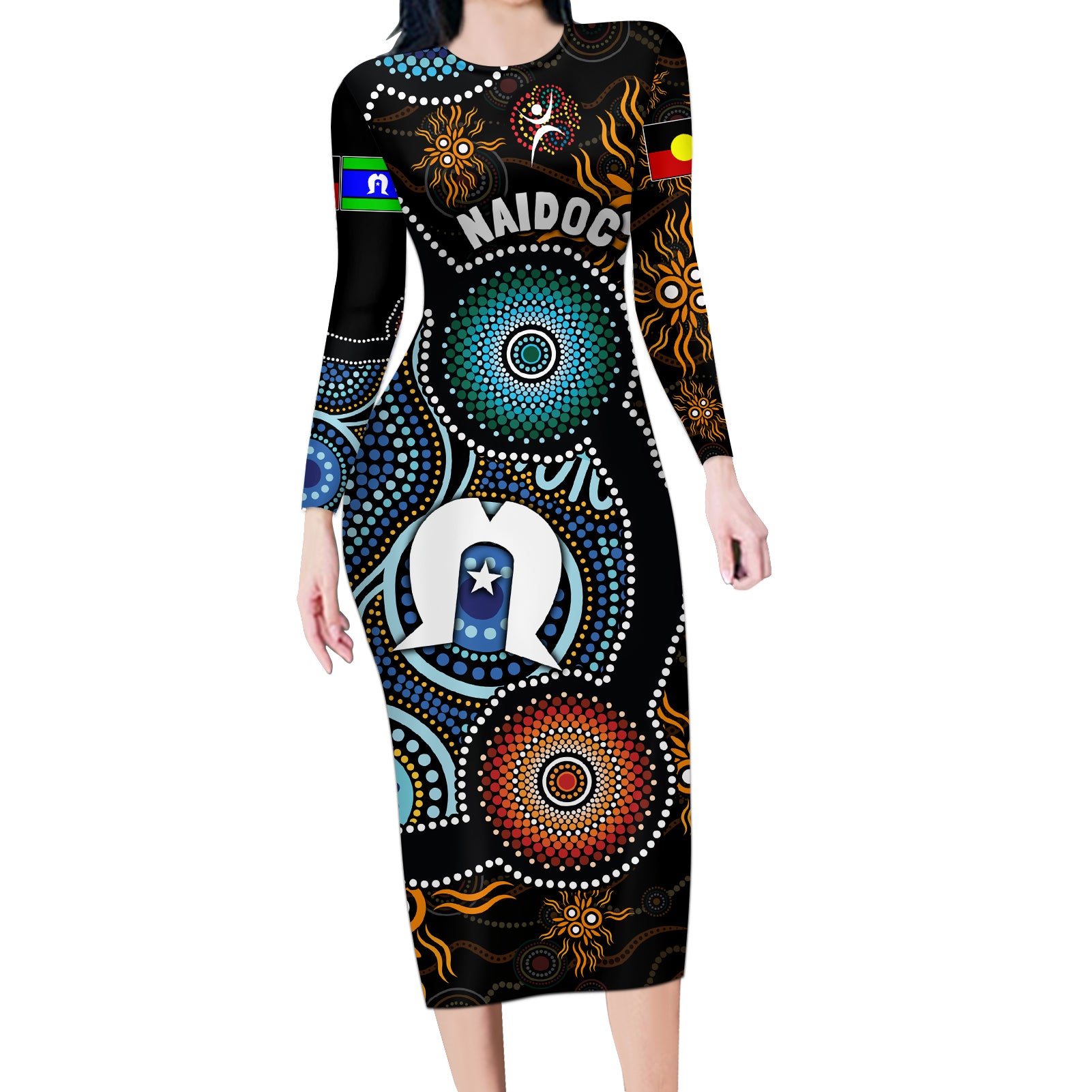 NAIDOC Week 2024 Aussie Aboriginal Long Sleeve Bodycon Dress Sparks of Fire
