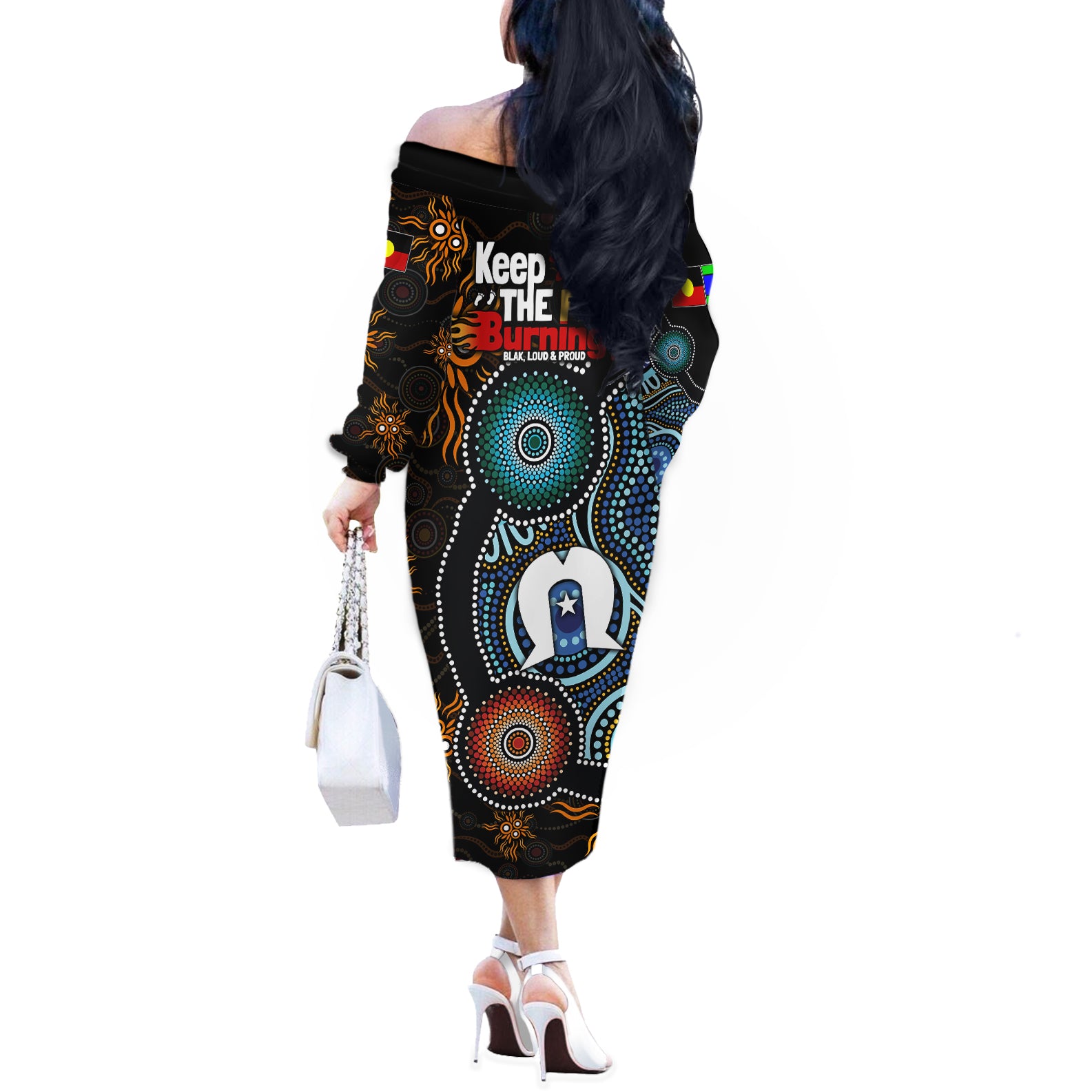 NAIDOC Week 2024 Aussie Aboriginal Off The Shoulder Long Sleeve Dress Sparks of Fire