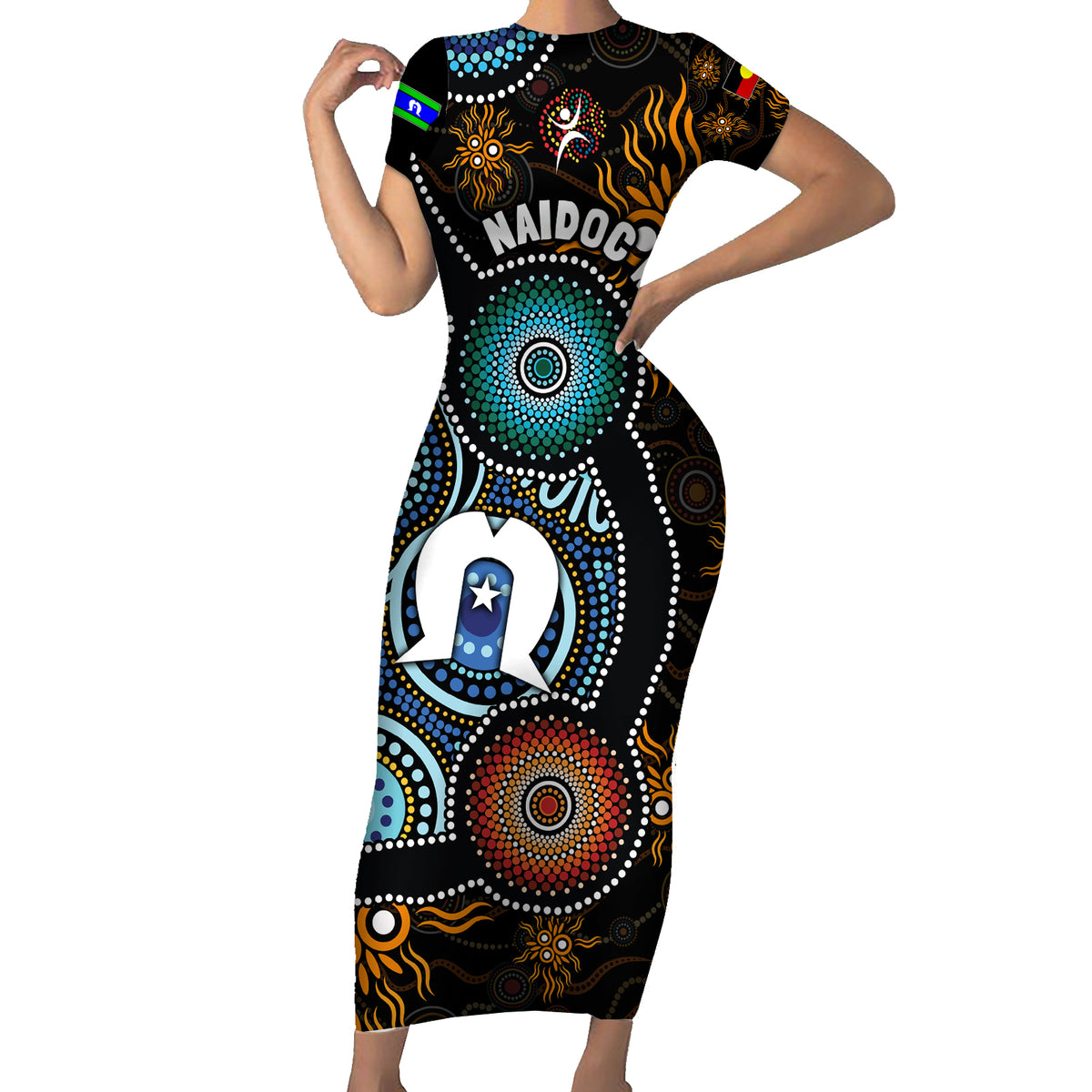 NAIDOC Week 2024 Aussie Aboriginal Short Sleeve Bodycon Dress Sparks of Fire