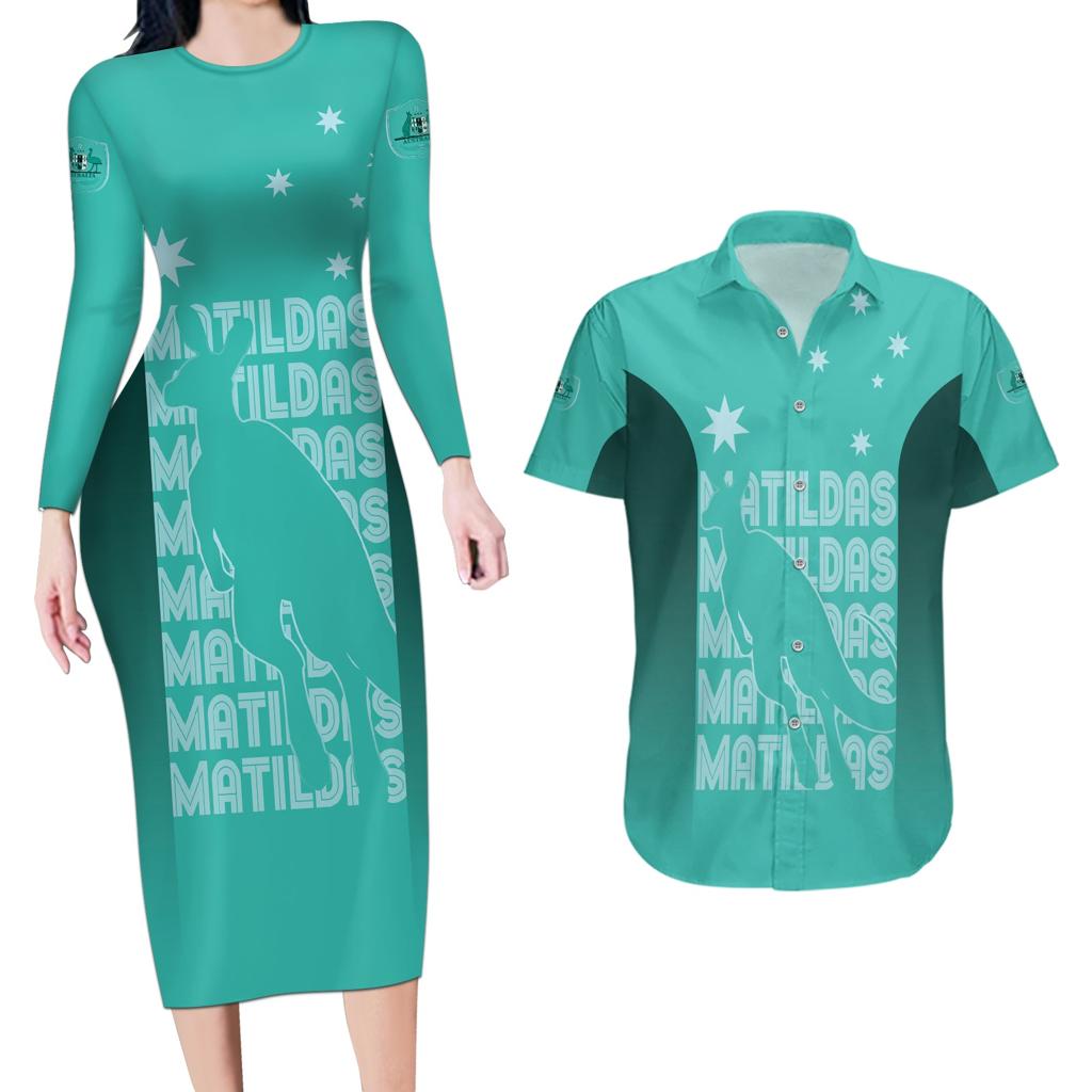 Australia Soccer Matildas Custom Couples Matching Long Sleeve Bodycon Dress and Hawaiian Shirt Turquoise Basic Gradient