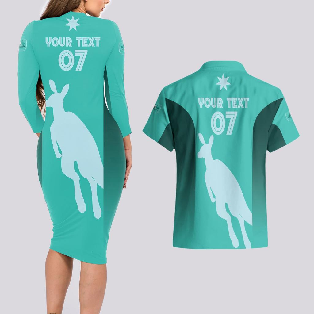 Australia Soccer Matildas Custom Couples Matching Long Sleeve Bodycon Dress and Hawaiian Shirt Turquoise Basic Gradient