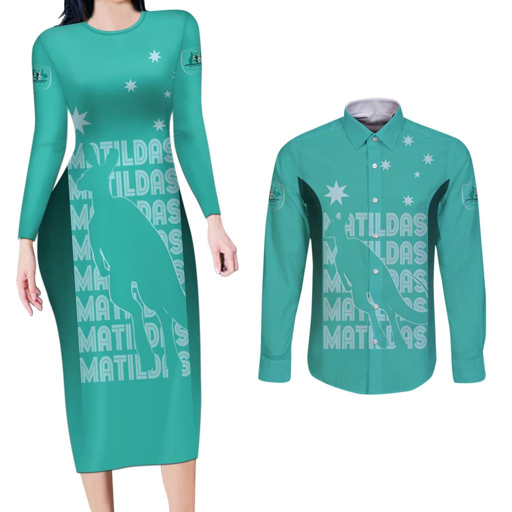Australia Soccer Matildas Custom Couples Matching Long Sleeve Bodycon Dress and Long Sleeve Button Shirt Turquoise Basic Gradient