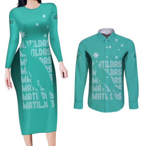 Australia Soccer Matildas Custom Couples Matching Long Sleeve Bodycon Dress and Long Sleeve Button Shirt Turquoise Basic Gradient