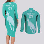 Australia Soccer Matildas Custom Couples Matching Long Sleeve Bodycon Dress and Long Sleeve Button Shirt Turquoise Basic Gradient