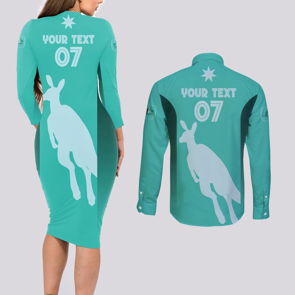 Australia Soccer Matildas Custom Couples Matching Long Sleeve Bodycon Dress and Long Sleeve Button Shirt Turquoise Basic Gradient