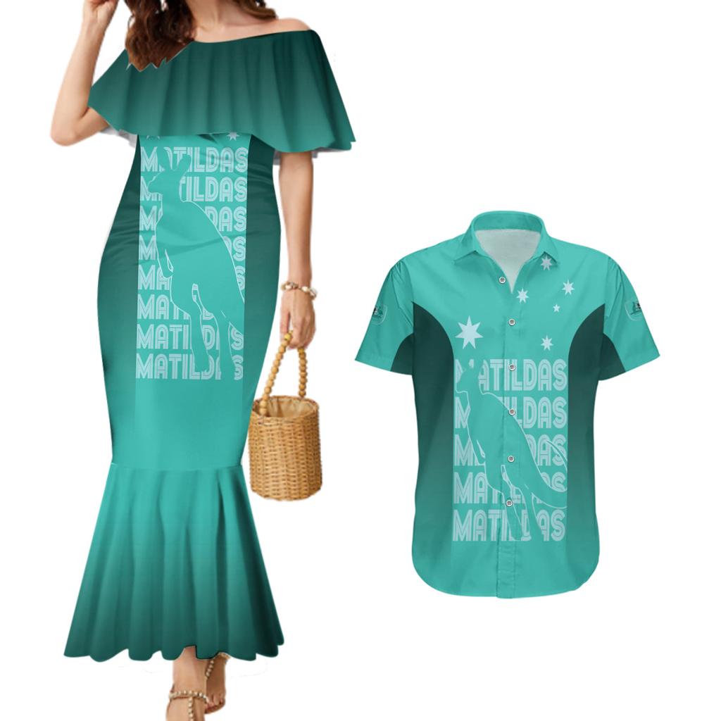Australia Soccer Matildas Custom Couples Matching Mermaid Dress and Hawaiian Shirt Turquoise Basic Gradient