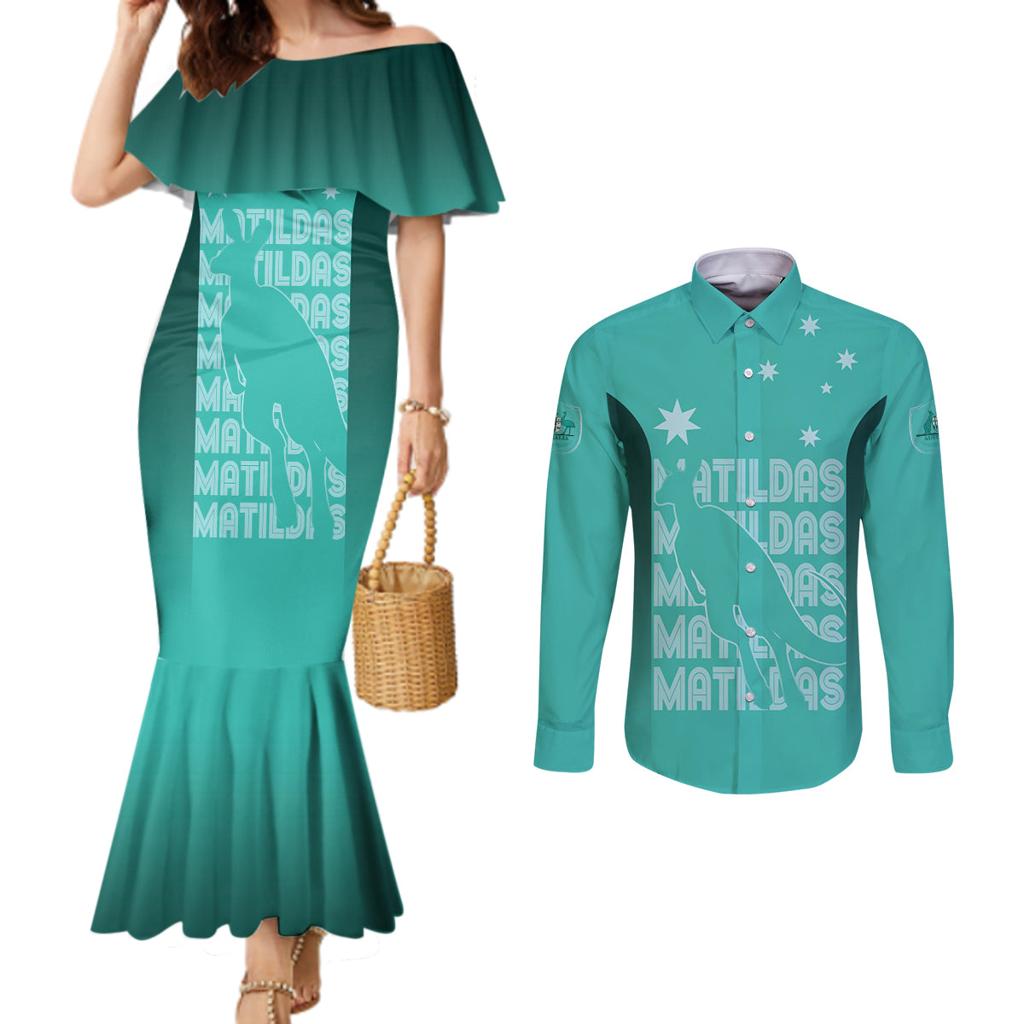 Australia Soccer Matildas Custom Couples Matching Mermaid Dress and Long Sleeve Button Shirt Turquoise Basic Gradient