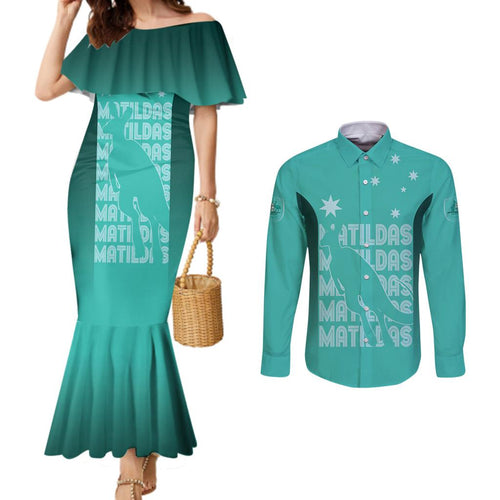 Australia Soccer Matildas Custom Couples Matching Mermaid Dress and Long Sleeve Button Shirt Turquoise Basic Gradient