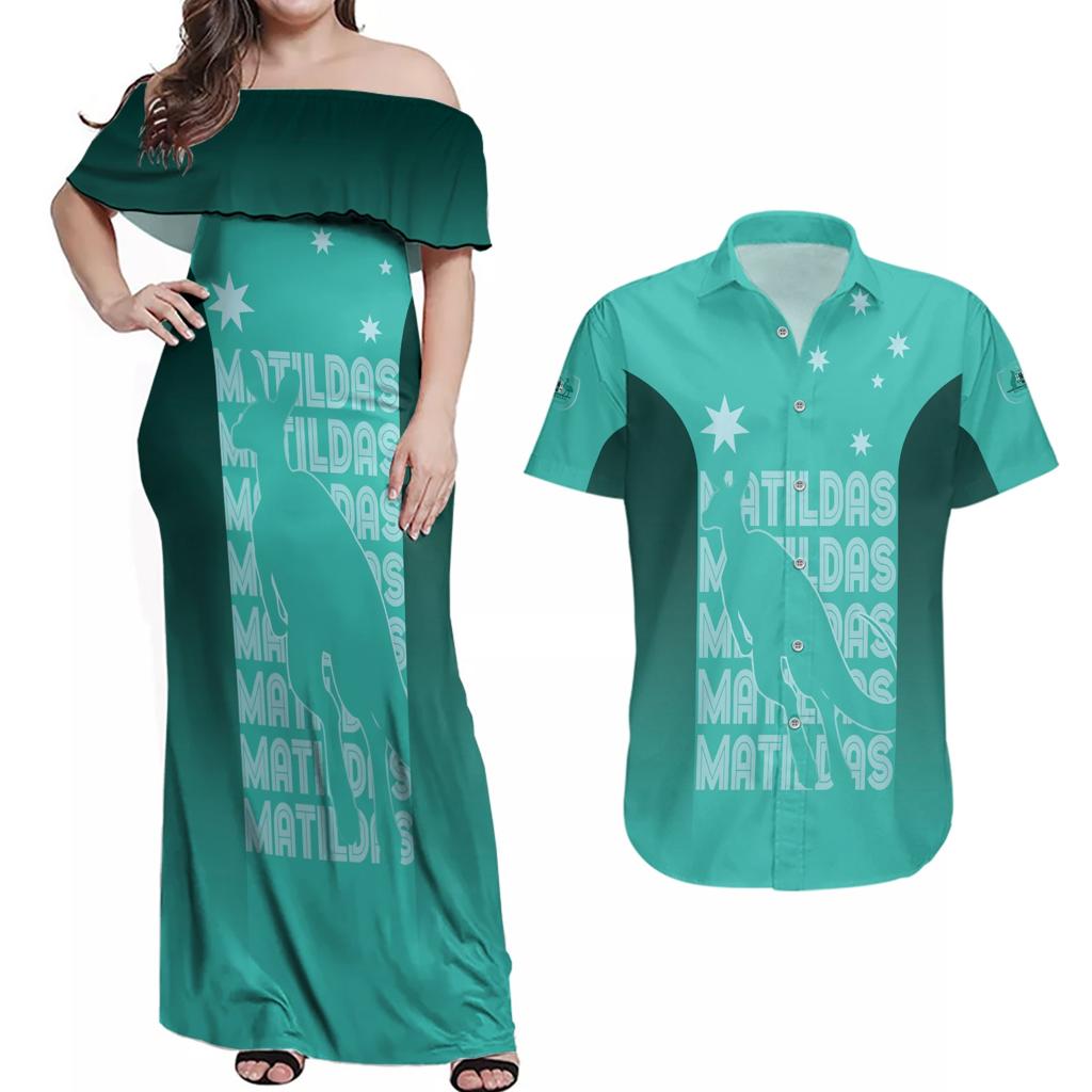 Australia Soccer Matildas Custom Couples Matching Off Shoulder Maxi Dress and Hawaiian Shirt Turquoise Basic Gradient