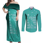 Australia Soccer Matildas Custom Couples Matching Off Shoulder Maxi Dress and Long Sleeve Button Shirt Turquoise Basic Gradient