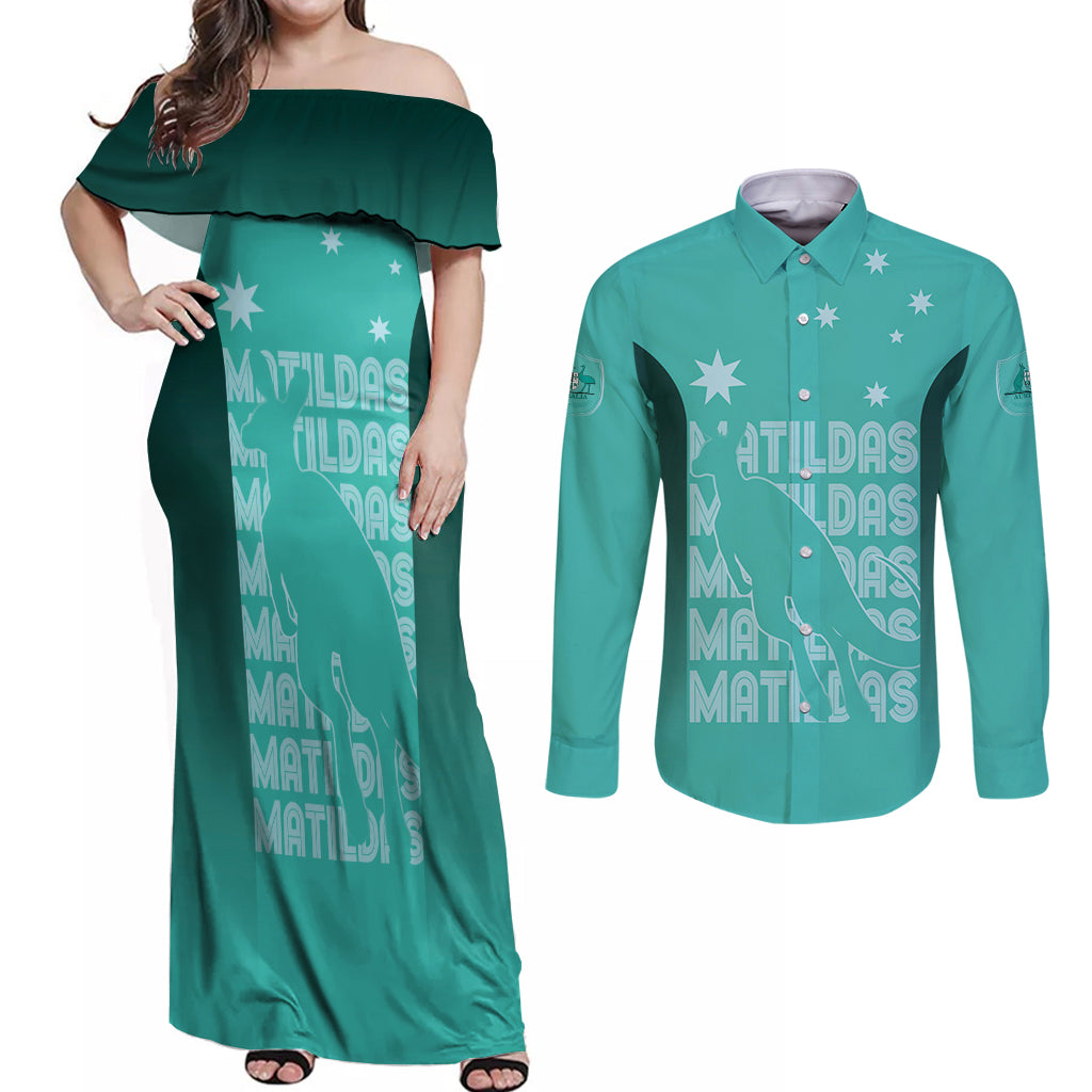 Australia Soccer Matildas Custom Couples Matching Off Shoulder Maxi Dress and Long Sleeve Button Shirt Turquoise Basic Gradient