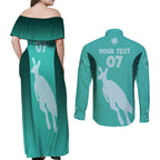 Australia Soccer Matildas Custom Couples Matching Off Shoulder Maxi Dress and Long Sleeve Button Shirt Turquoise Basic Gradient