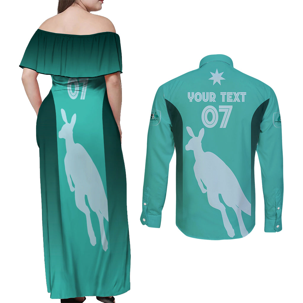 Australia Soccer Matildas Custom Couples Matching Off Shoulder Maxi Dress and Long Sleeve Button Shirt Turquoise Basic Gradient