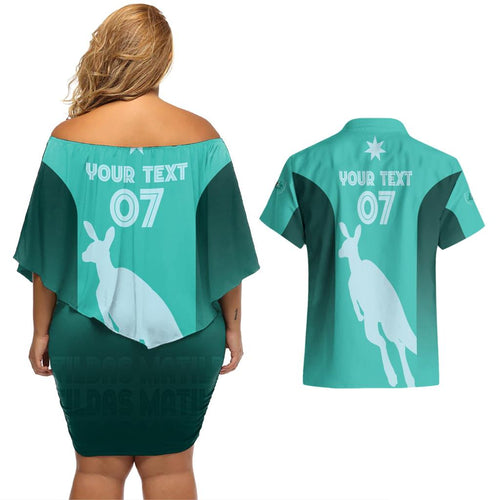 Australia Soccer Matildas Custom Couples Matching Off Shoulder Short Dress and Hawaiian Shirt Turquoise Basic Gradient