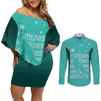 Australia Soccer Matildas Custom Couples Matching Off Shoulder Short Dress and Long Sleeve Button Shirt Turquoise Basic Gradient