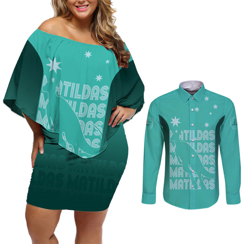 Australia Soccer Matildas Custom Couples Matching Off Shoulder Short Dress and Long Sleeve Button Shirt Turquoise Basic Gradient