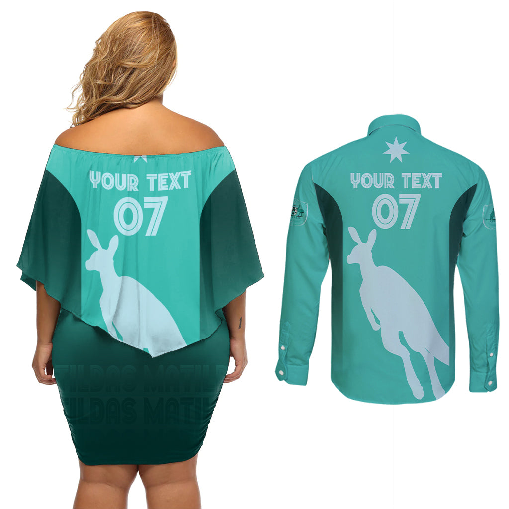 Australia Soccer Matildas Custom Couples Matching Off Shoulder Short Dress and Long Sleeve Button Shirt Turquoise Basic Gradient
