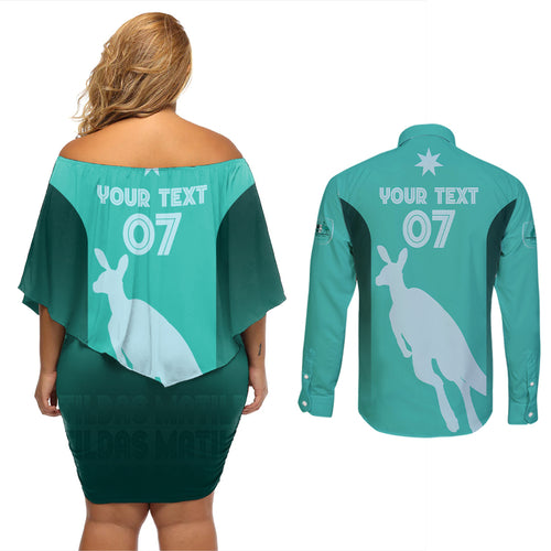 Australia Soccer Matildas Custom Couples Matching Off Shoulder Short Dress and Long Sleeve Button Shirt Turquoise Basic Gradient