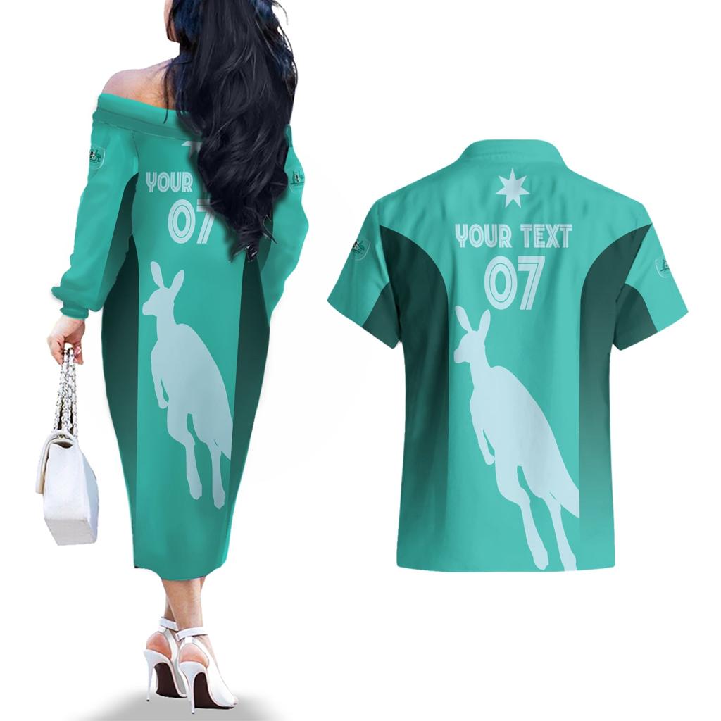 Australia Soccer Matildas Custom Couples Matching Off The Shoulder Long Sleeve Dress and Hawaiian Shirt Turquoise Basic Gradient