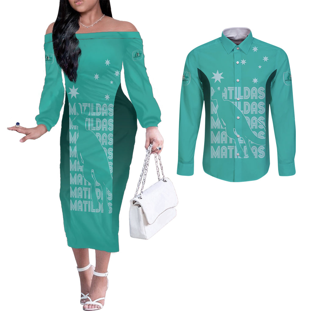 Australia Soccer Matildas Custom Couples Matching Off The Shoulder Long Sleeve Dress and Long Sleeve Button Shirt Turquoise Basic Gradient
