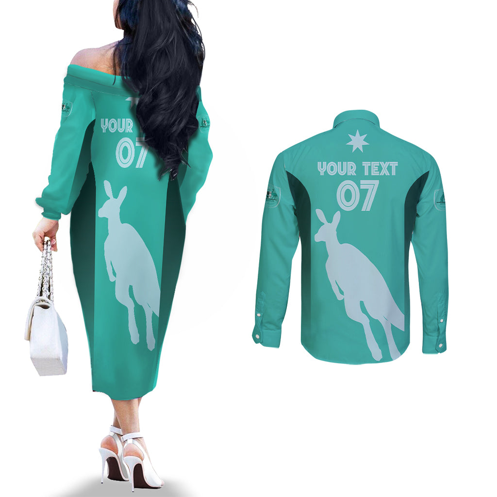 Australia Soccer Matildas Custom Couples Matching Off The Shoulder Long Sleeve Dress and Long Sleeve Button Shirt Turquoise Basic Gradient