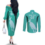 Australia Soccer Matildas Custom Couples Matching Off The Shoulder Long Sleeve Dress and Long Sleeve Button Shirt Turquoise Basic Gradient