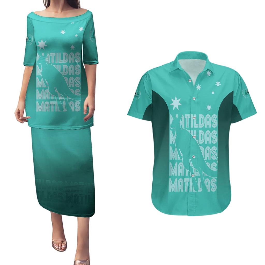 Australia Soccer Matildas Custom Couples Matching Puletasi and Hawaiian Shirt Turquoise Basic Gradient