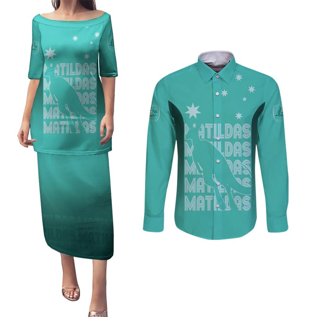 Australia Soccer Matildas Custom Couples Matching Puletasi and Long Sleeve Button Shirt Turquoise Basic Gradient