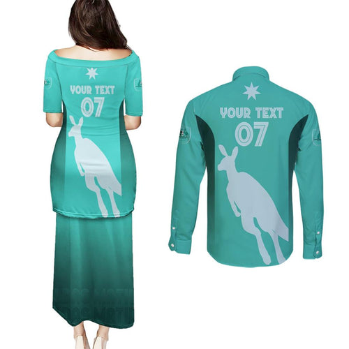 Australia Soccer Matildas Custom Couples Matching Puletasi and Long Sleeve Button Shirt Turquoise Basic Gradient