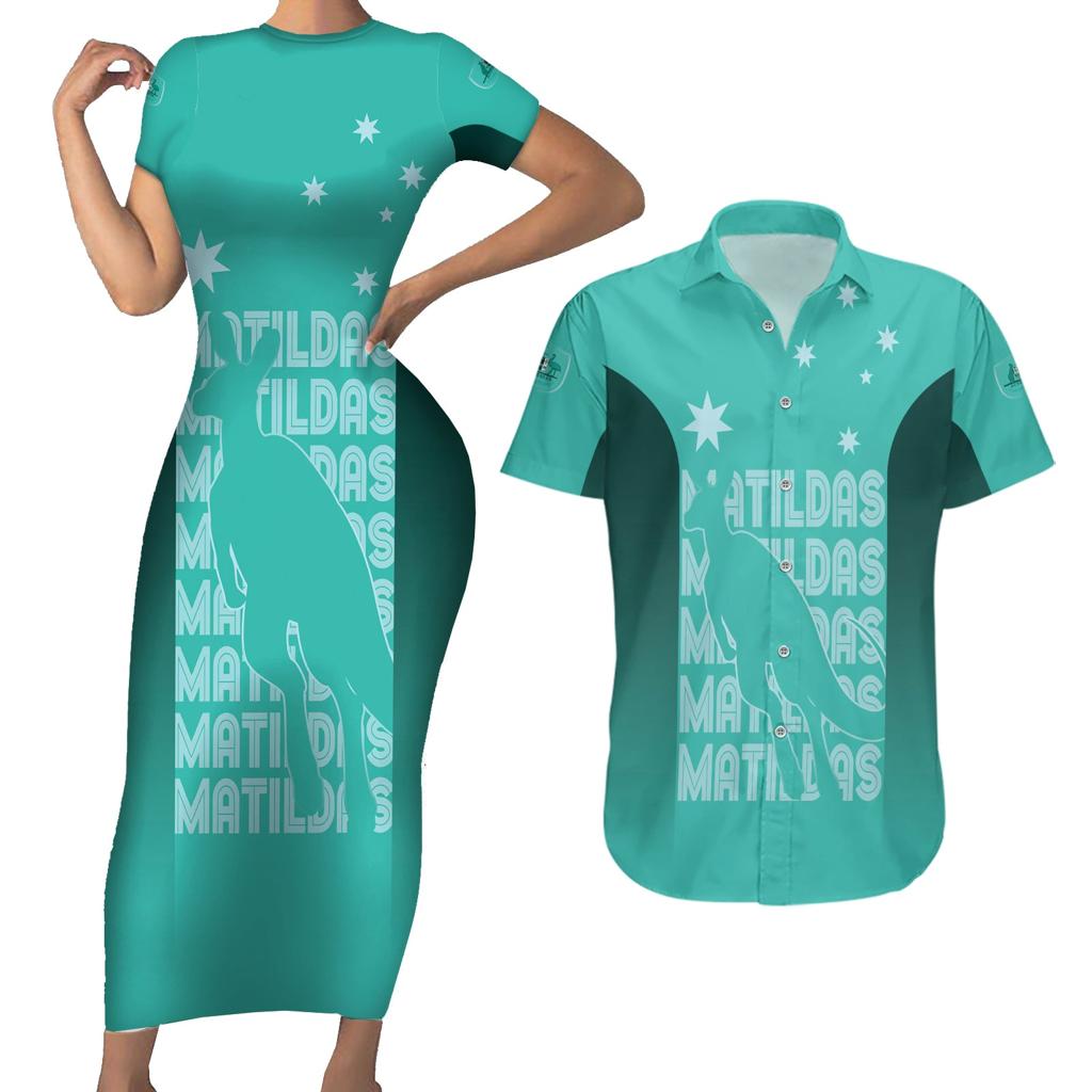 Australia Soccer Matildas Custom Couples Matching Short Sleeve Bodycon Dress and Hawaiian Shirt Turquoise Basic Gradient