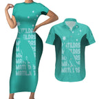 Australia Soccer Matildas Custom Couples Matching Short Sleeve Bodycon Dress and Hawaiian Shirt Turquoise Basic Gradient