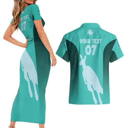 Australia Soccer Matildas Custom Couples Matching Short Sleeve Bodycon Dress and Hawaiian Shirt Turquoise Basic Gradient