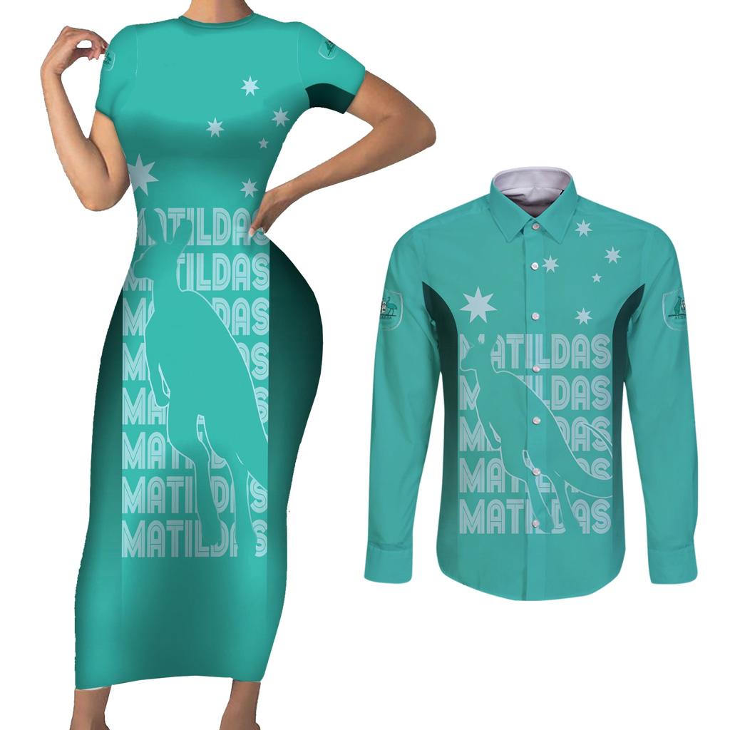 Australia Soccer Matildas Custom Couples Matching Short Sleeve Bodycon Dress and Long Sleeve Button Shirt Turquoise Basic Gradient
