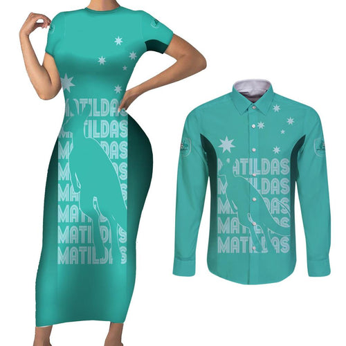 Australia Soccer Matildas Custom Couples Matching Short Sleeve Bodycon Dress and Long Sleeve Button Shirt Turquoise Basic Gradient