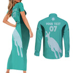 Australia Soccer Matildas Custom Couples Matching Short Sleeve Bodycon Dress and Long Sleeve Button Shirt Turquoise Basic Gradient