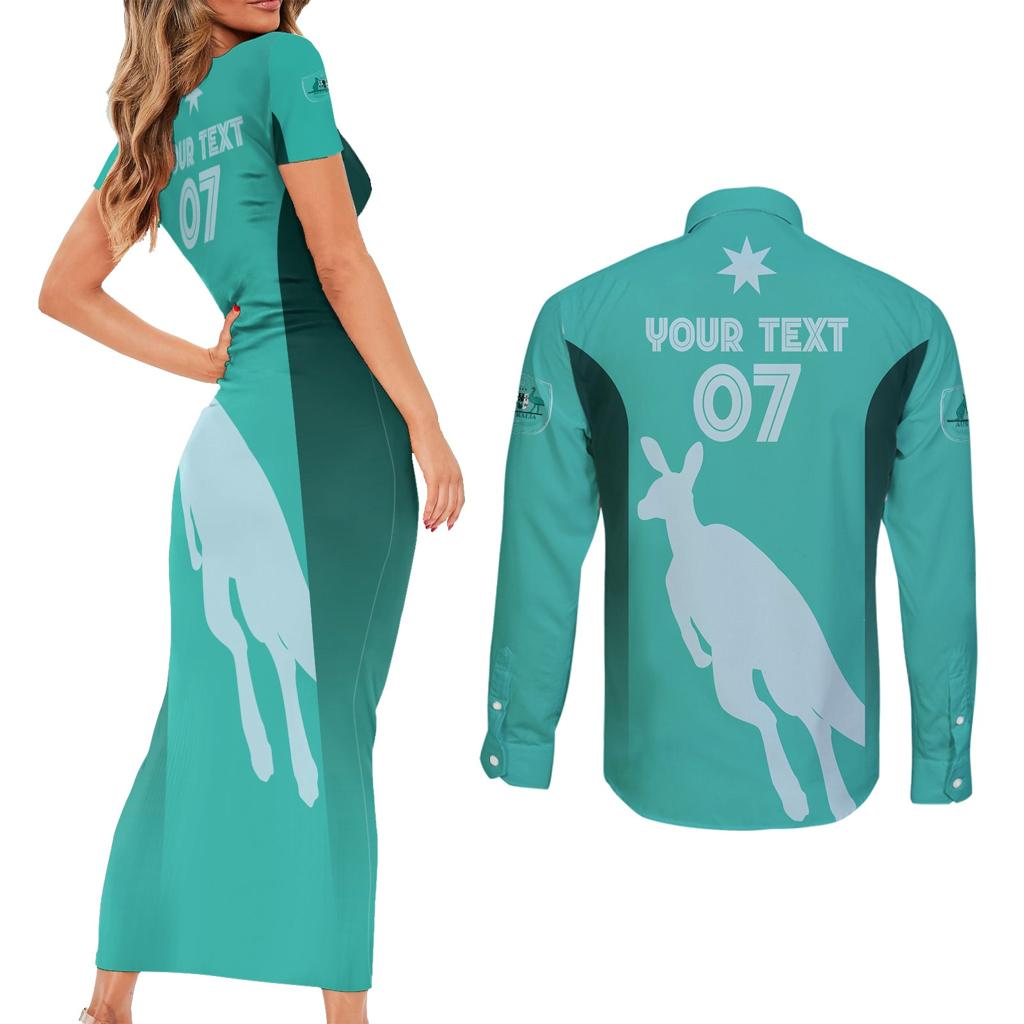 Australia Soccer Matildas Custom Couples Matching Short Sleeve Bodycon Dress and Long Sleeve Button Shirt Turquoise Basic Gradient