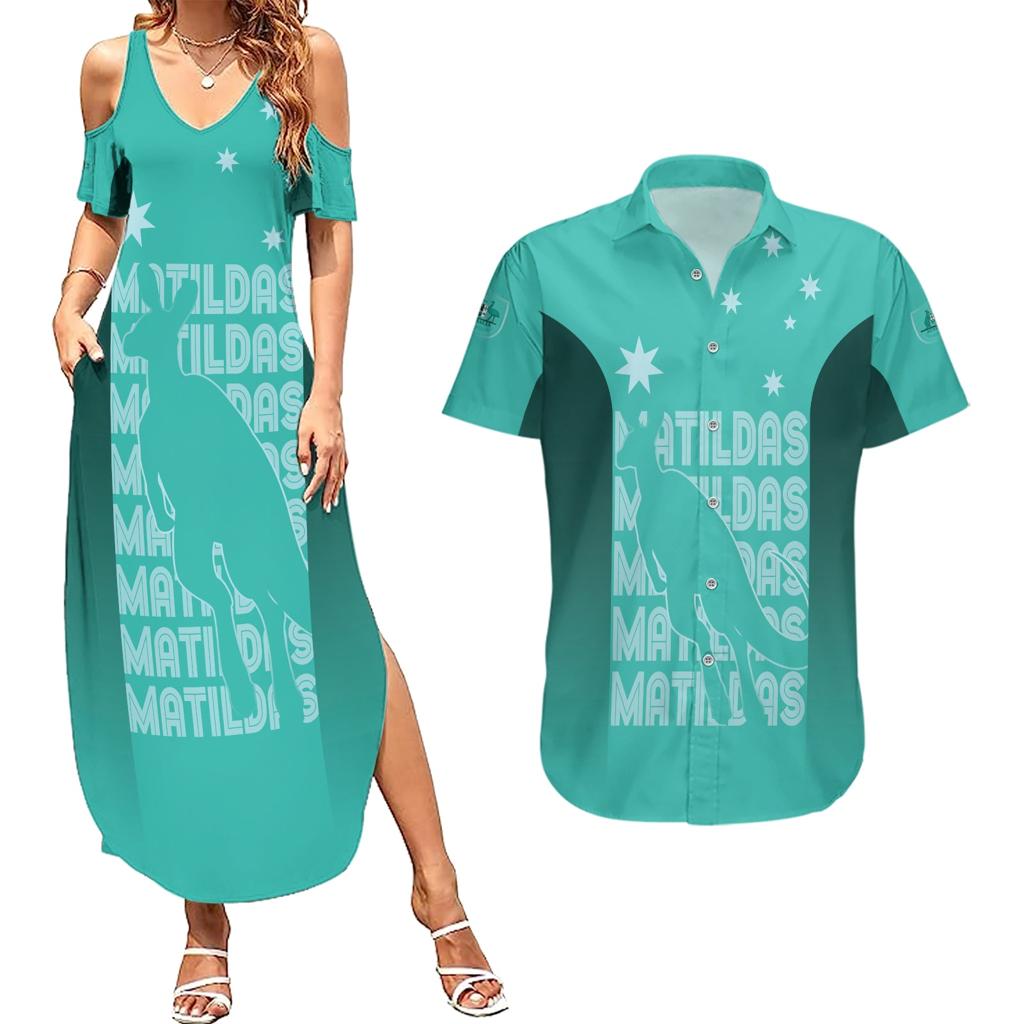 Australia Soccer Matildas Custom Couples Matching Summer Maxi Dress and Hawaiian Shirt Turquoise Basic Gradient
