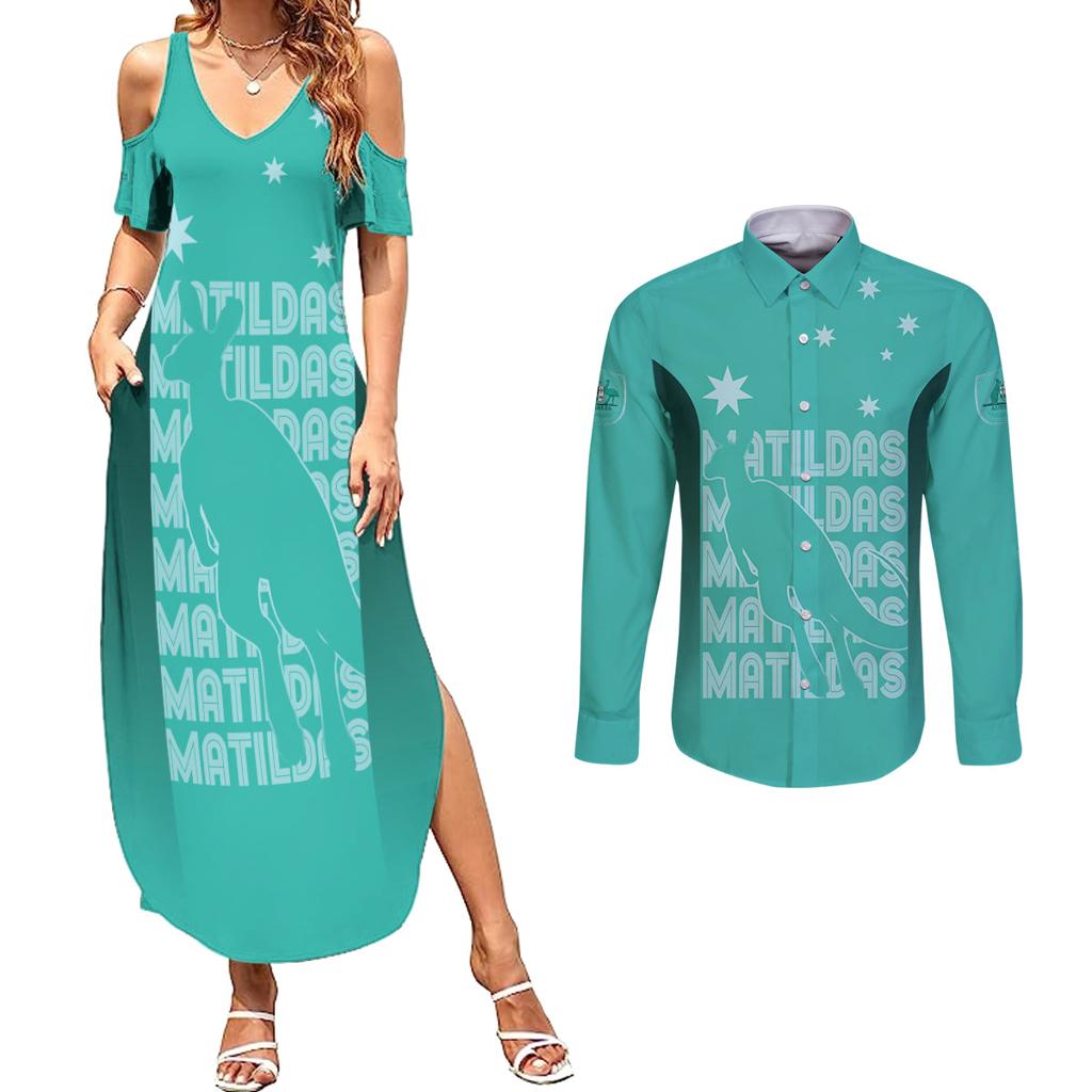 Australia Soccer Matildas Custom Couples Matching Summer Maxi Dress and Long Sleeve Button Shirt Turquoise Basic Gradient