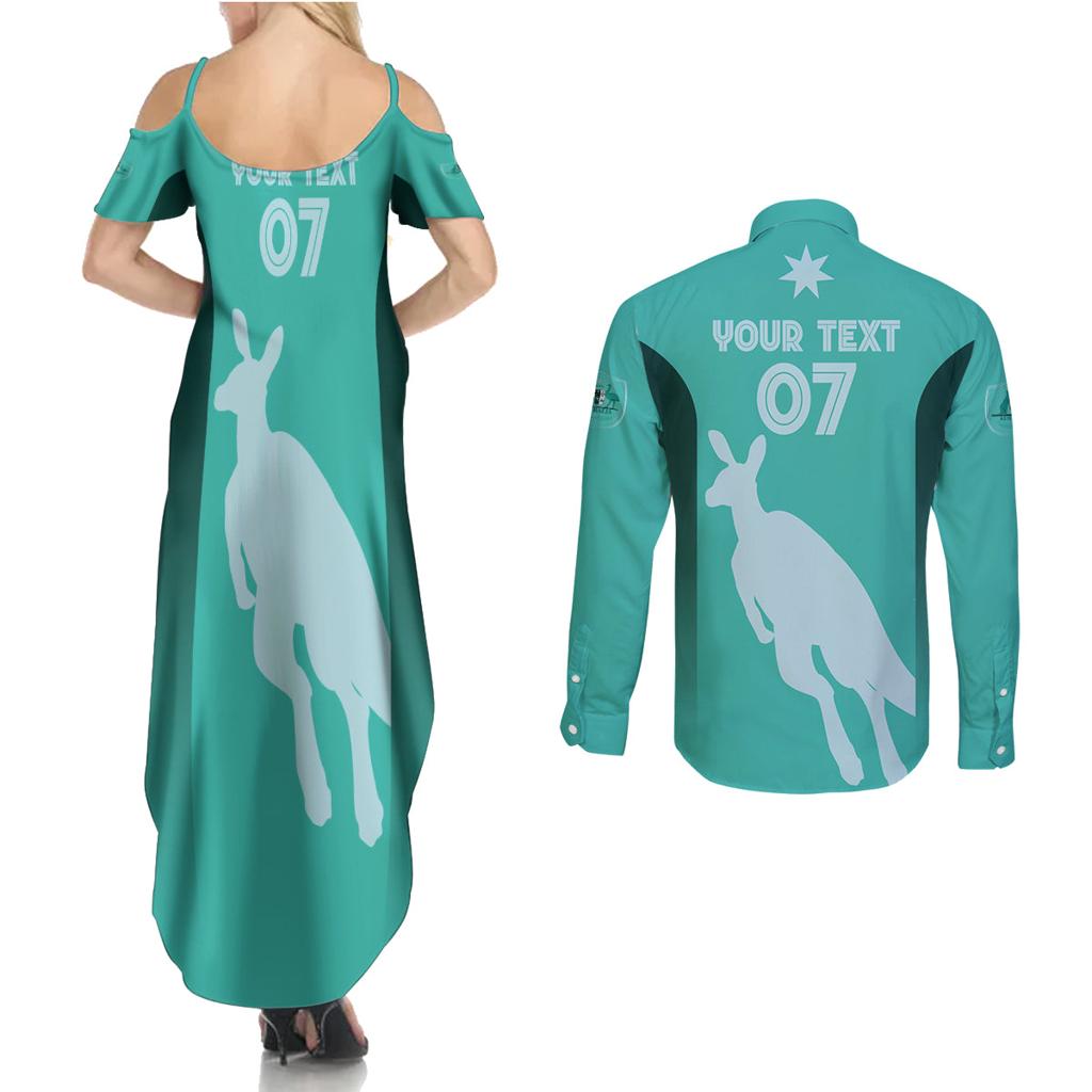 Australia Soccer Matildas Custom Couples Matching Summer Maxi Dress and Long Sleeve Button Shirt Turquoise Basic Gradient
