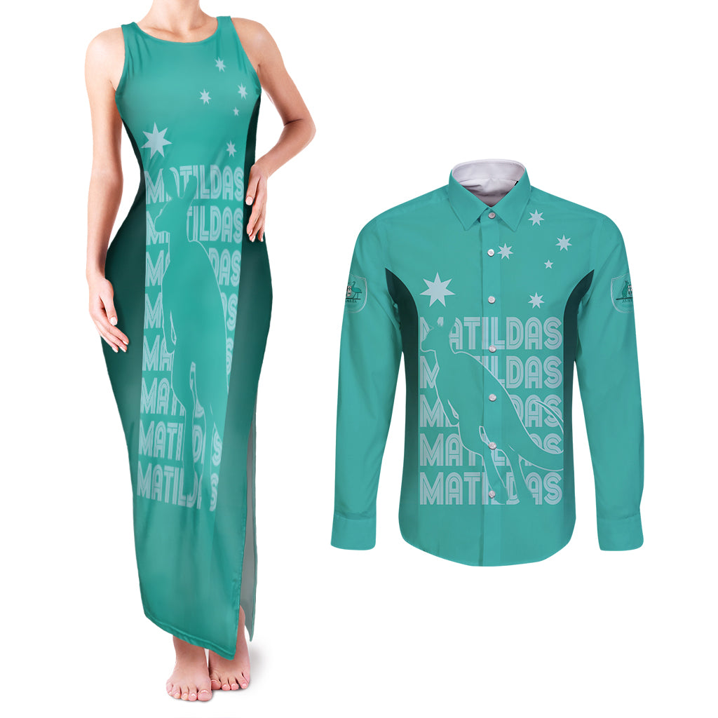 Australia Soccer Matildas Custom Couples Matching Tank Maxi Dress and Long Sleeve Button Shirt Turquoise Basic Gradient