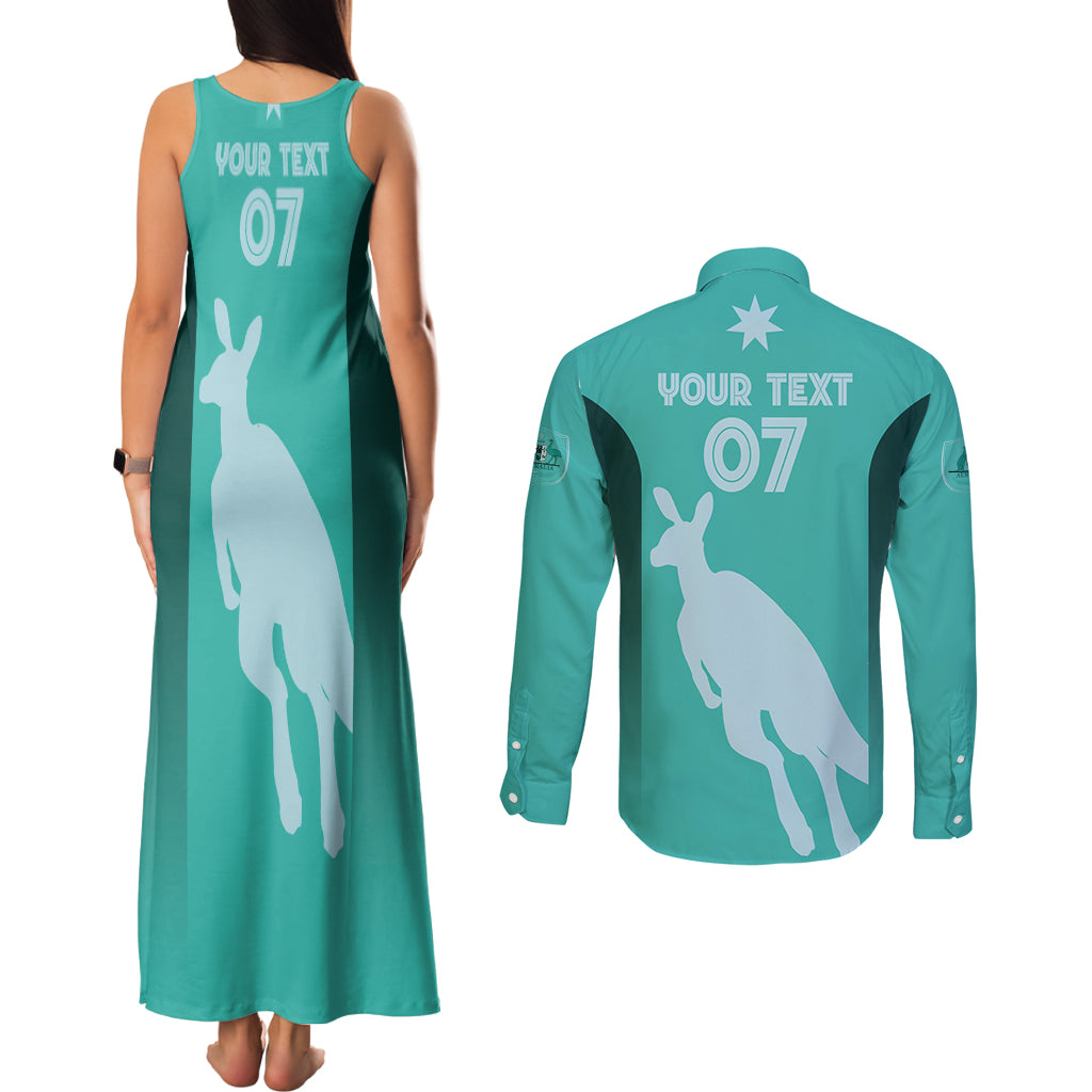 Australia Soccer Matildas Custom Couples Matching Tank Maxi Dress and Long Sleeve Button Shirt Turquoise Basic Gradient