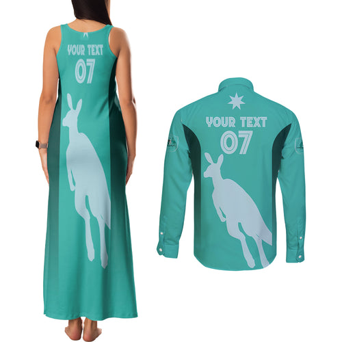 Australia Soccer Matildas Custom Couples Matching Tank Maxi Dress and Long Sleeve Button Shirt Turquoise Basic Gradient