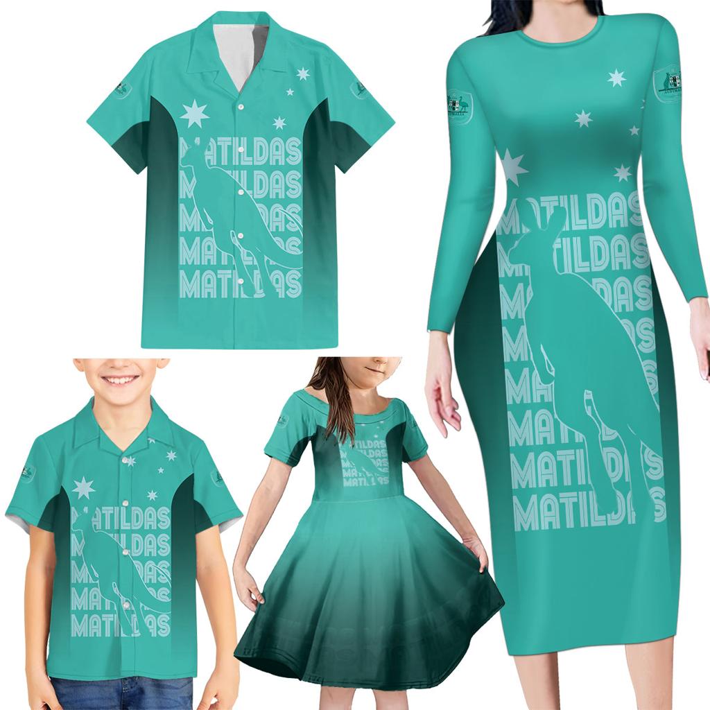 Australia Soccer Matildas Custom Family Matching Long Sleeve Bodycon Dress and Hawaiian Shirt Turquoise Basic Gradient