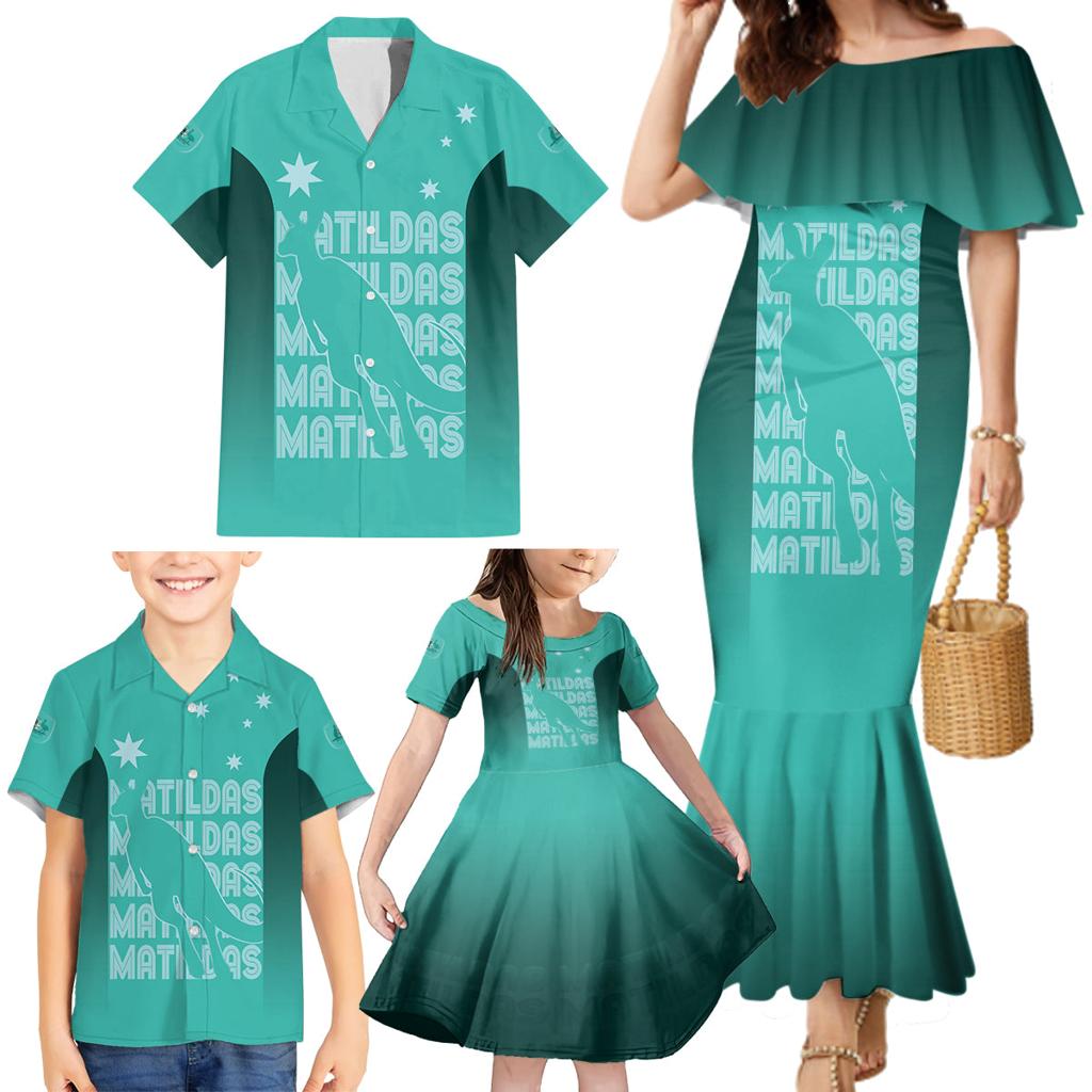 Australia Soccer Matildas Custom Family Matching Mermaid Dress and Hawaiian Shirt Turquoise Basic Gradient