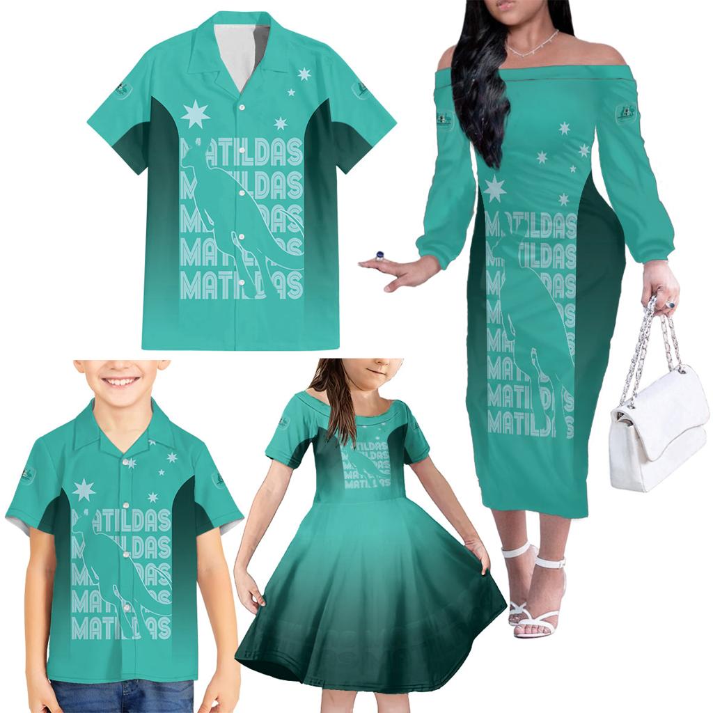 Australia Soccer Matildas Custom Family Matching Off The Shoulder Long Sleeve Dress and Hawaiian Shirt Turquoise Basic Gradient