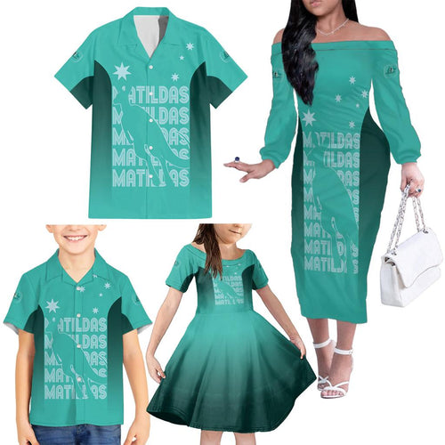 Australia Soccer Matildas Custom Family Matching Off The Shoulder Long Sleeve Dress and Hawaiian Shirt Turquoise Basic Gradient