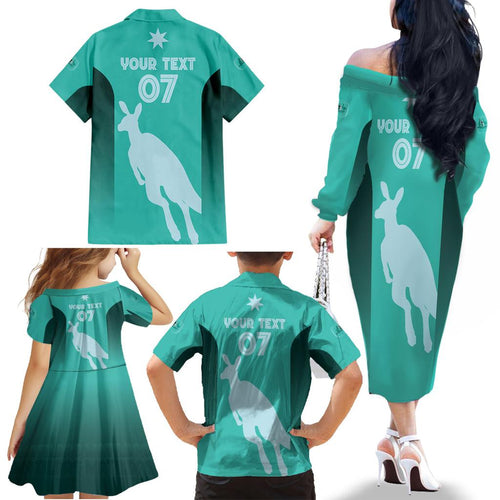 Australia Soccer Matildas Custom Family Matching Off The Shoulder Long Sleeve Dress and Hawaiian Shirt Turquoise Basic Gradient