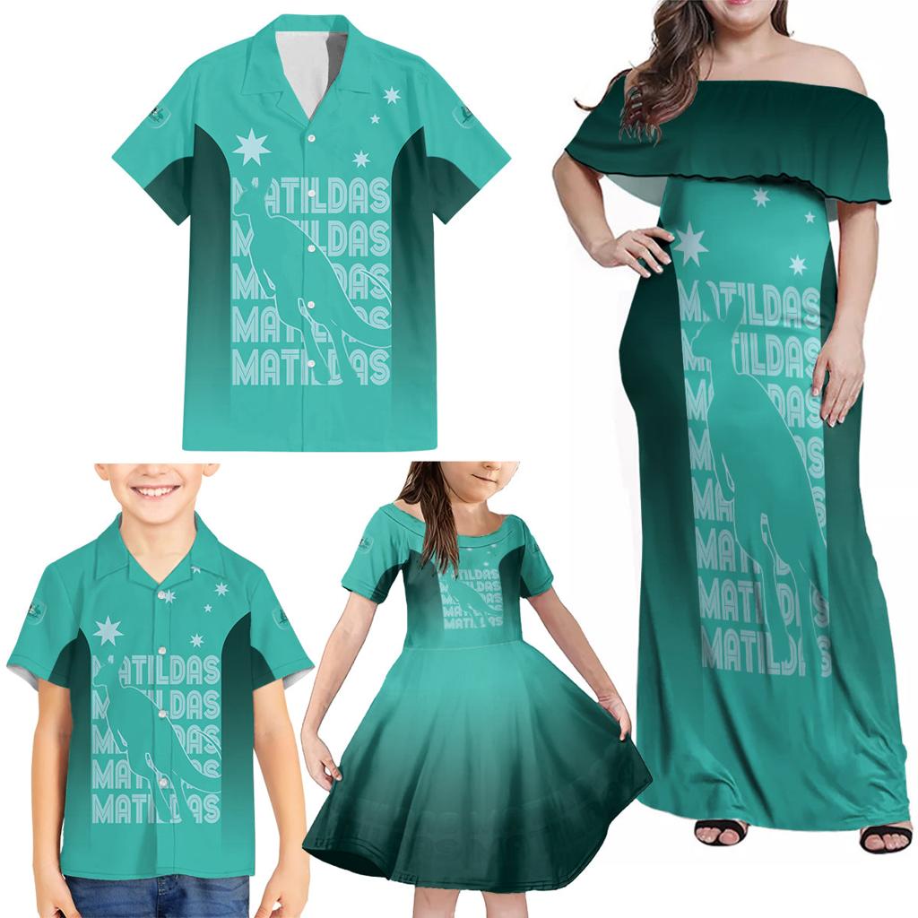 Australia Soccer Matildas Custom Family Matching Off Shoulder Maxi Dress and Hawaiian Shirt Turquoise Basic Gradient