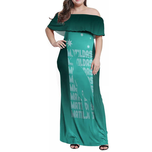 Australia Soccer Matildas Custom Family Matching Off Shoulder Maxi Dress and Hawaiian Shirt Turquoise Basic Gradient