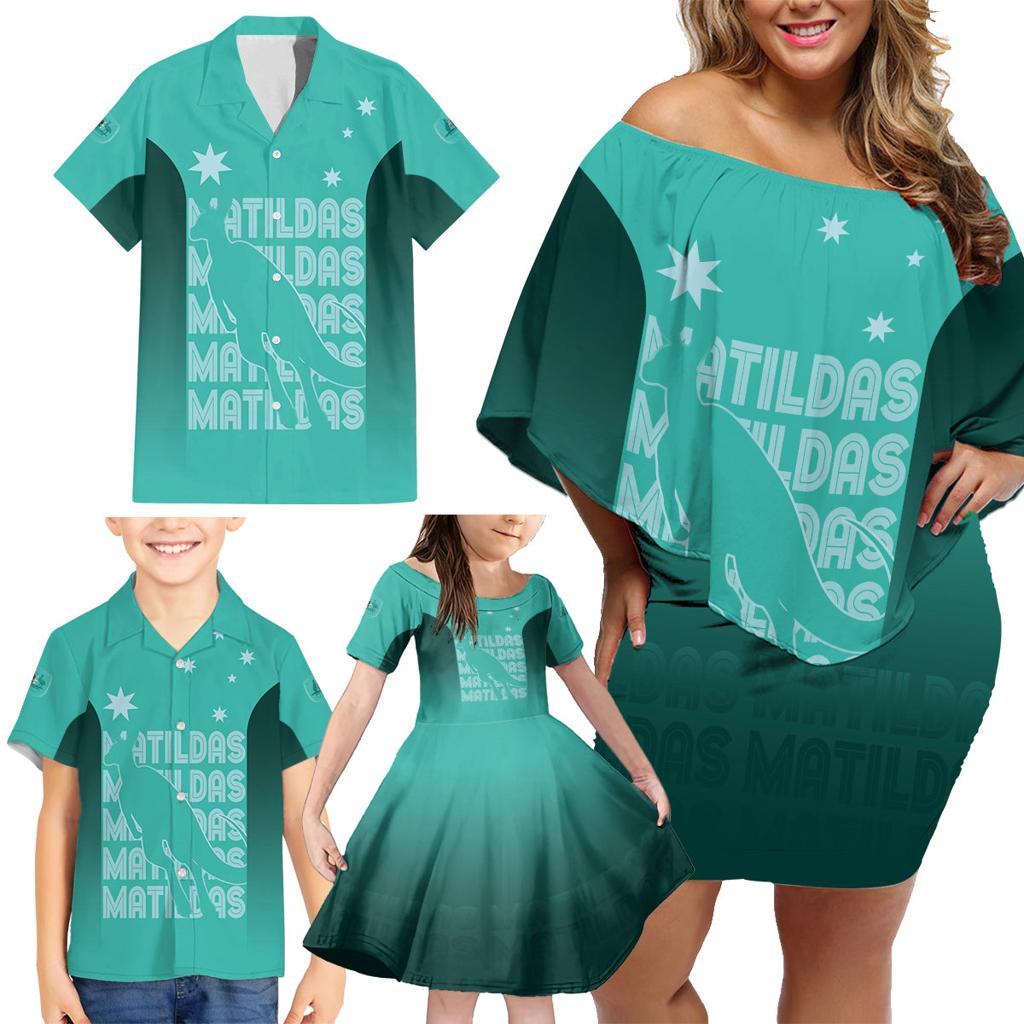 Australia Soccer Matildas Custom Family Matching Off Shoulder Short Dress and Hawaiian Shirt Turquoise Basic Gradient
